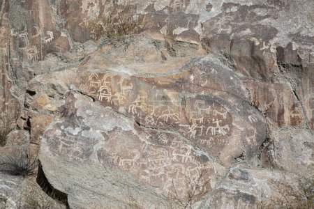 Prehistoric Petroglyphs in Hunza valley, sacred rock of Hunza, rock carvings in Gilgit Baltistan, Pakistan. 