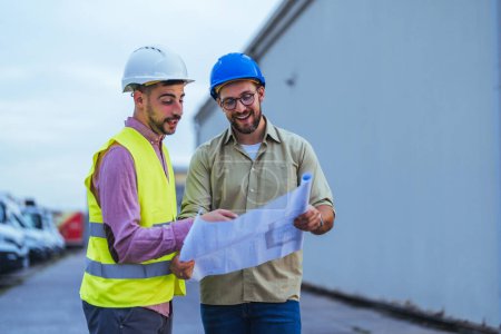 Téléchargez les photos : Deux travailleurs de la construction avec un plan directeur sur le chantier - en image libre de droit