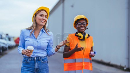 Photo for Businesswoman and logistics woman worker at shipping area - Royalty Free Image