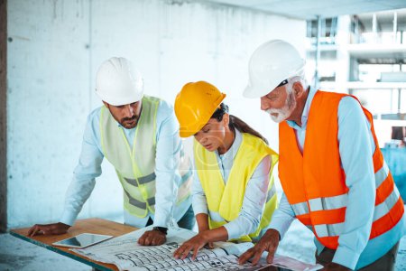 Photo for Three caucasian engineers or architects working with blueprint at construction site - Royalty Free Image