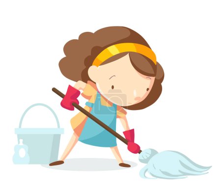 Téléchargez les illustrations : Young woman with a mop washes the floor in gloves. The girl helps to clean the house. Home hygiene vector illustration with housewife - en licence libre de droit
