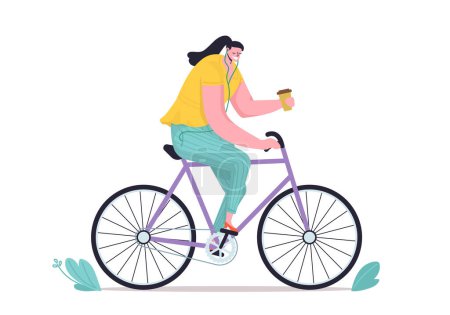 Ilustración de Mujer sonriente divertida con café a caballo en bicicleta. Lindo vector de ilustración en estilo plano - Imagen libre de derechos