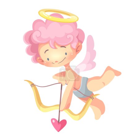 Téléchargez les illustrations : Cupidon bouclé avec arc et flèche. Illustration vectorielle - en licence libre de droit