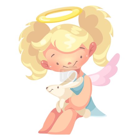 Téléchargez les illustrations : Une fille ange est assise sur un nuage avec un lapin. Illustration vectorielle - en licence libre de droit