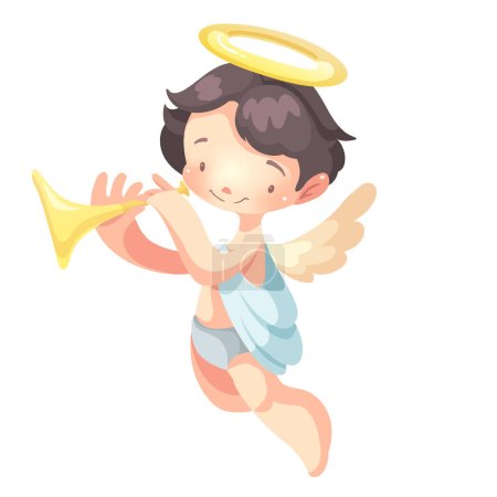 Téléchargez les illustrations : Un drôle de petit ange joue de la trompette. Illustration vectorielle - en licence libre de droit