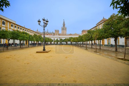 Photo for Square Patio de Banderas connects the Alcazar with the cathedral and Santa Cruz district. Sevilla, Spain - January 04, 2024. - Royalty Free Image