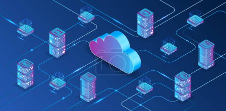Illustration for Cloud technology isometric background. Computer technology, server room, and equipment for internet networks. Data cloud storage technology. Database and data center vector illustration. - Royalty Free Image