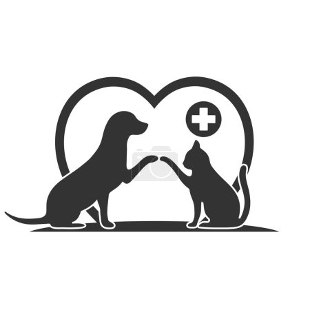 Ilustración del logotipo de la clínica veterinaria.Perro y gato con una cruz médica en el corazón sobre un fondo blanco