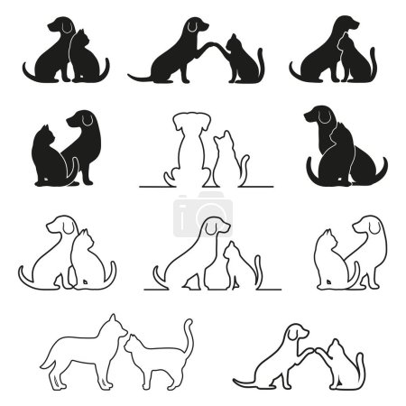 Illustration for Illustration set of different silhouettes of a dog and a cat on a white background - Royalty Free Image