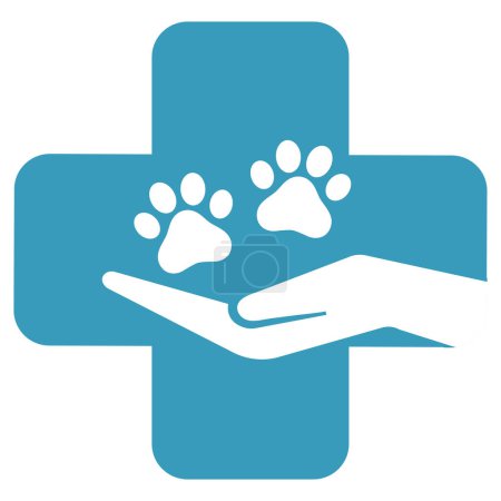 Photo for Illustration of a veterinary clinic logo. A hand holds a dogs paws on the background of a medical cross. - Royalty Free Image