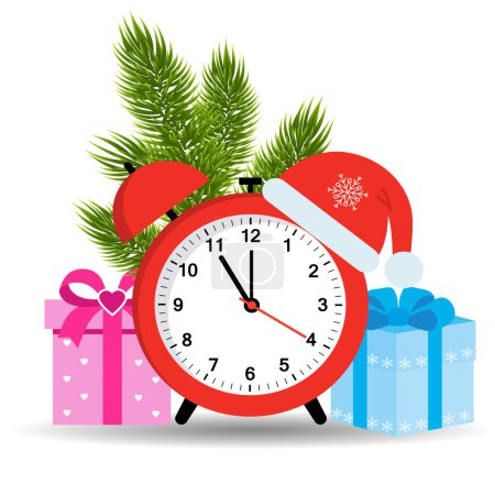 Photo for Illustration of an alarm clock in a Santa Claus hat with a Christmas tree and gifts on a white background. - Royalty Free Image