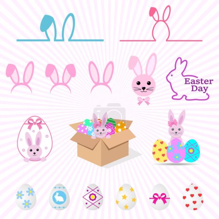 Photo for Easter celebration set illustration. Cute pink bunnies with Easter eggs on a white background. - Royalty Free Image