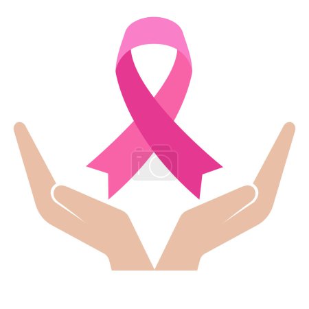 Photo for Breast cancer awareness pink ribbon in hands on a white background. - Royalty Free Image