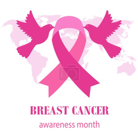 Photo for Illustration of a breast cancer awareness ribbon with doves on a world map background. - Royalty Free Image