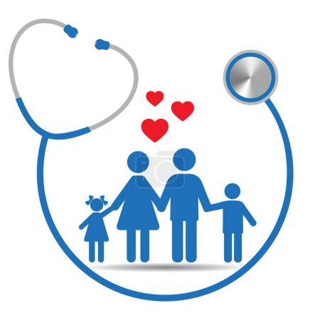 Photo for Illustration of a family with a blue stethoscope and pulse on a white background - Royalty Free Image