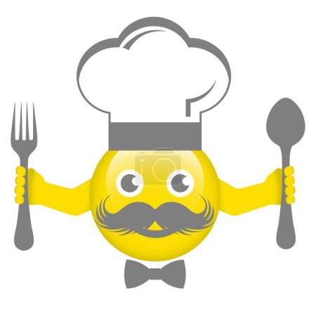 Photo for Illustration of a yellow chef emoticon with a chef hat, spoon and fork on a white background. - Royalty Free Image