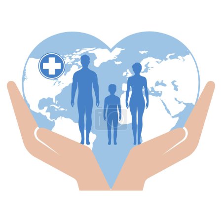 Photo for World Health Day. People with a planet and a medical cross on a white background. - Royalty Free Image
