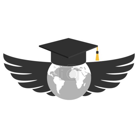 Photo for Illustration of a graduate hat with wings flying around the earth on a white background. - Royalty Free Image
