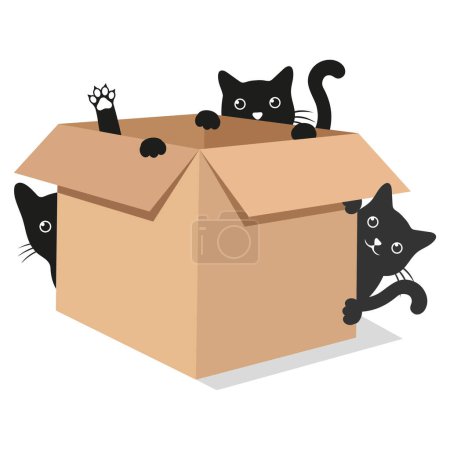 Photo for Illustration of cute black cats in cardboard box isolated on white background. - Royalty Free Image