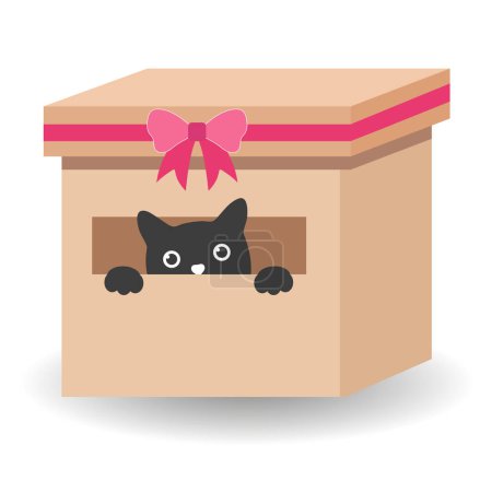 Photo for Cat in a gift box with a pink ribbon on a white background with shadow. - Royalty Free Image