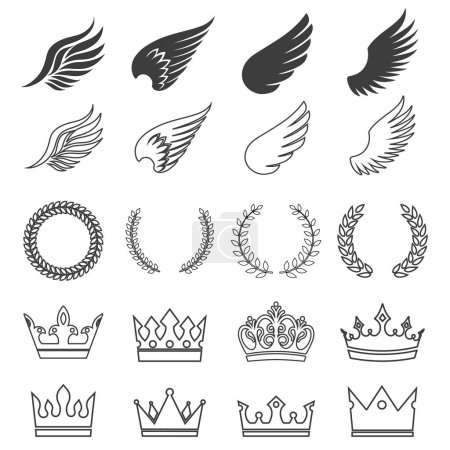 Photo for Illustration of wings and crown icons set on white background. - Royalty Free Image