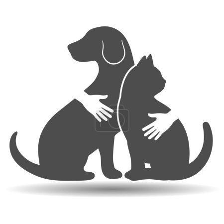 Photo for Pet care symbol.Cat and dog silhouette icon with human hands on white background. - Royalty Free Image