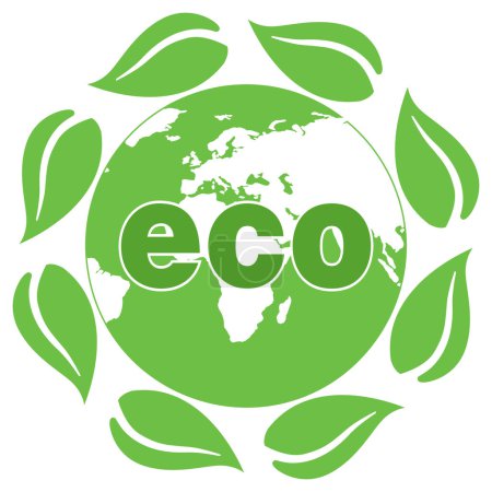 Photo for Ecology concept with green leaves around earth globe and eco sign on a white background. - Royalty Free Image