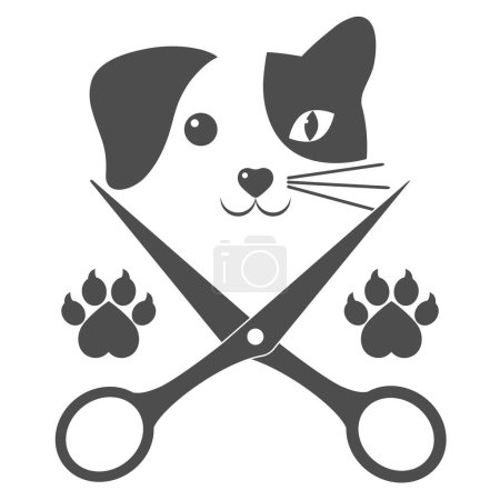 Photo for Cute dog and cat with scissor and paws on a white background. - Royalty Free Image