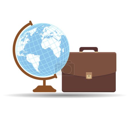Photo for Illustration of a brown briefcase and a globe on a white background. - Royalty Free Image