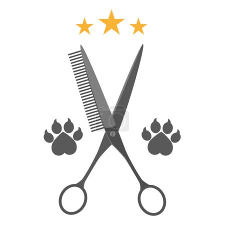 Photo for Illustration of hairdresser scissors and comb with paw prints on a white background. - Royalty Free Image