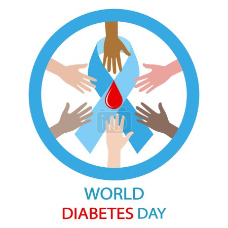 Photo for World Diabetes Day. Illustration of a blue ribbon with blood drop on white background. - Royalty Free Image