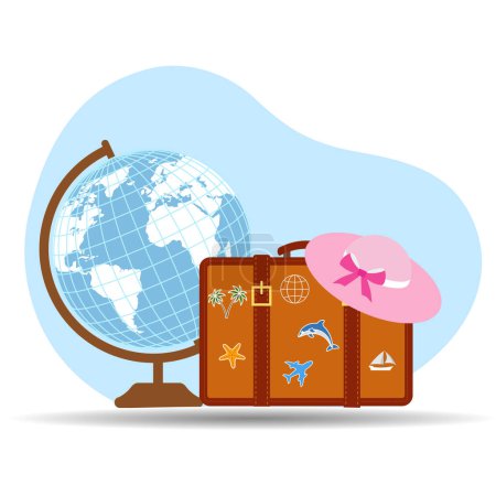 Illustration für Reise und Tourismus. Globus mit Koffer und Hut auf weißem Hintergrund.