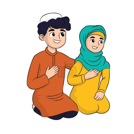 Illustration for A happy Muslim couple, man and woman isolated on white background. Cartoon scene of handsome and smiling, design for Ramadan concept, flat vector illustration. - Royalty Free Image