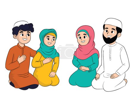 Illustration for Traditional muslim family. Flat vector illustration arab family in national clothes - Royalty Free Image