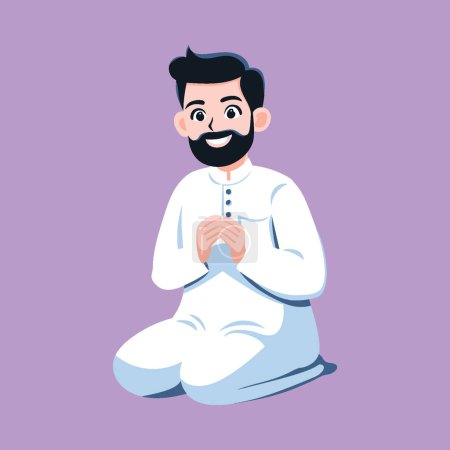 Illustration for Muslim man doing prayer. Prayers in congregation. Muslim man prays in white clothing, isolated cartoon flat vector illustration. - Royalty Free Image