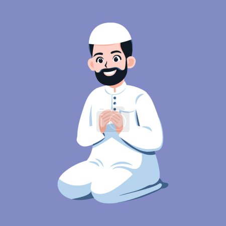 Illustration for Muslim man doing prayer. Prayers in congregation. Muslim man prays in white clothing, isolated cartoon flat vector illustration. - Royalty Free Image