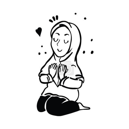Illustration for Muslim female doing prayer. Prayers in congregation. Muslim man prays in white clothing, isolated cartoon flat vector illustration. - Royalty Free Image
