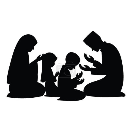 Foto de Una silueta de familia musulmana levantando las manos en oración, ilustración vectorial, aislada sobre fondo blanco. - Imagen libre de derechos