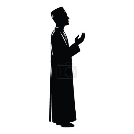 Foto de Una silueta de hombre solemnemente musulmán levantando sus manos en oración, arrodillándose e inclinándose, ilustración vectorial, aislado sobre fondo blanco. - Imagen libre de derechos