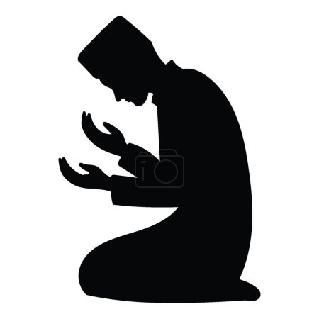 Foto de Una silueta de hombre solemnemente musulmán levantando sus manos en oración, arrodillándose e inclinándose, ilustración vectorial, aislado sobre fondo blanco. - Imagen libre de derechos