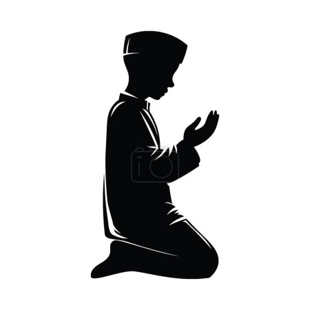 Foto de Una silueta de niño solemnemente musulmán levantando las manos en oración, arrodillándose e inclinándose, ilustración vectorial, aislado sobre fondo blanco. - Imagen libre de derechos