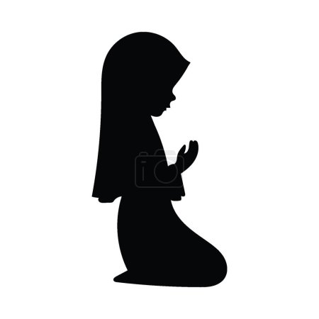 Foto de Una silueta de chica solemnemente musulmana levantando las manos en oración, arrodillándose e inclinándose, ilustración vectorial, aislada sobre fondo blanco. - Imagen libre de derechos
