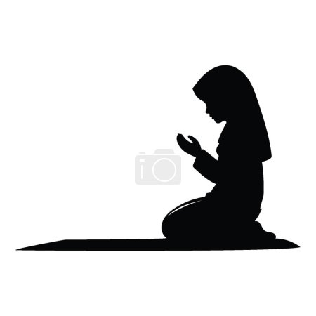 Foto de Una silueta de mujer solemnemente musulmana levantando las manos en oración, arrodillándose e inclinándose, ilustración vectorial, aislada sobre fondo blanco. - Imagen libre de derechos