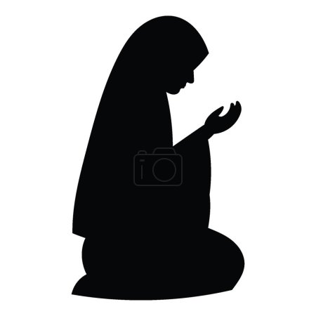 Foto de Una silueta de mujer solemnemente musulmana levantando las manos en oración, arrodillándose e inclinándose, ilustración vectorial, aislada sobre fondo blanco. - Imagen libre de derechos
