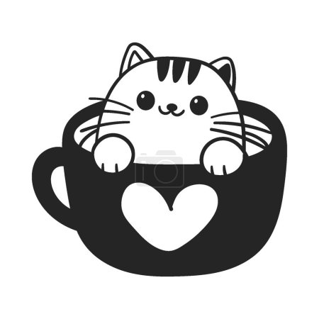 Foto de Cute cat in tea coffee cup. Cute, funny animal pet character for Valentines day concept. Linear vector black and white illustration - Imagen libre de derechos