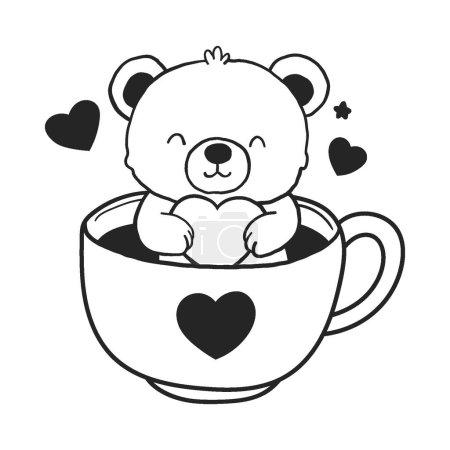 Foto de Cute bear in tea coffee cup. Cute, funny animal pet character for Valentines day concept. Linear vector black and white illustration - Imagen libre de derechos