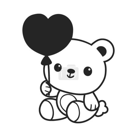Foto de A cute  kawaii bear is holding a heart balloon. line art style vector illustration - Imagen libre de derechos