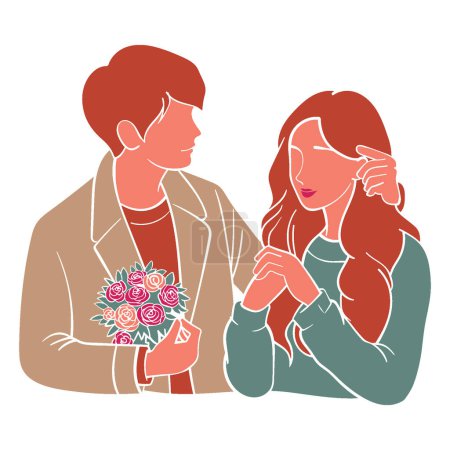 Foto de Romantic couples isolated on white background, portraits of man and woman in love hugging, cuddling and kissing. Hand drawn vector illustration for Valentine's day greeting card. - Imagen libre de derechos