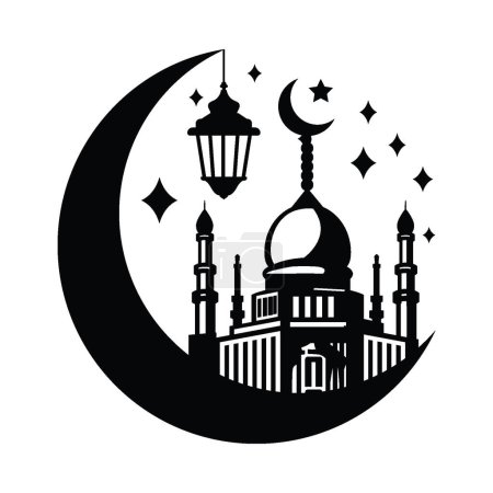 Foto de Mezquita y luna creciente, diseño de ilustración vectorial dibujado a mano, aislado en luna creciente y diseño de linterna. - Imagen libre de derechos