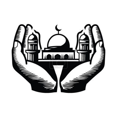 Foto de Mano dibujada de la mezquita en la mano de la oración para el kareem del ramadán y el concepto eid mubarak. Orando con las manos sobre un fondo aislado. Ilustración vectorial - Imagen libre de derechos